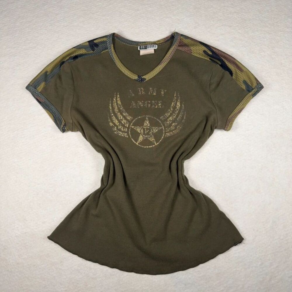 Knit Works “Army Angel” Camo Top – Size M | Y2K